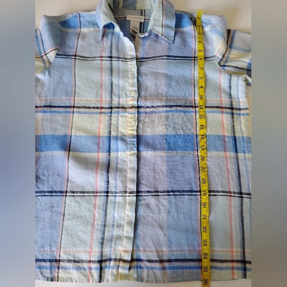Liz Claiborne Linen Blue Plaid Button Up Shirt 3/4 Sleeves Coastal Size Medium - Picture 14 of 14